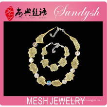 Latest Handmade Mesh Jewellery Mesh Crystal Necklace and Bracelet Golden Mesh Jewelry Set